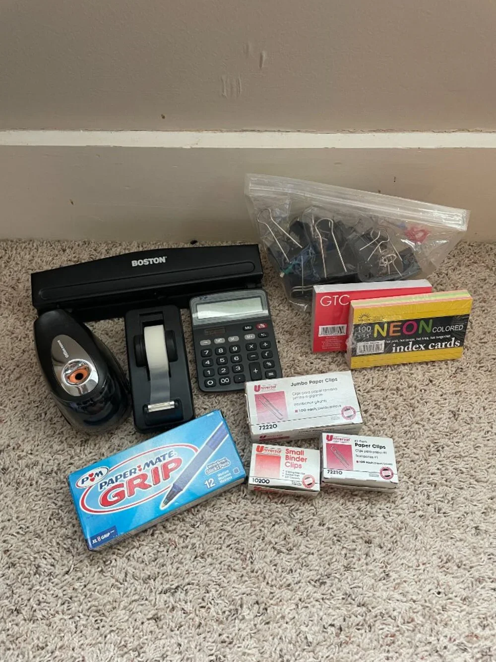 Office Bundle: Pencil Sharpener, Tape Dispenser, Calculator, 3-Hole Punch, Clips